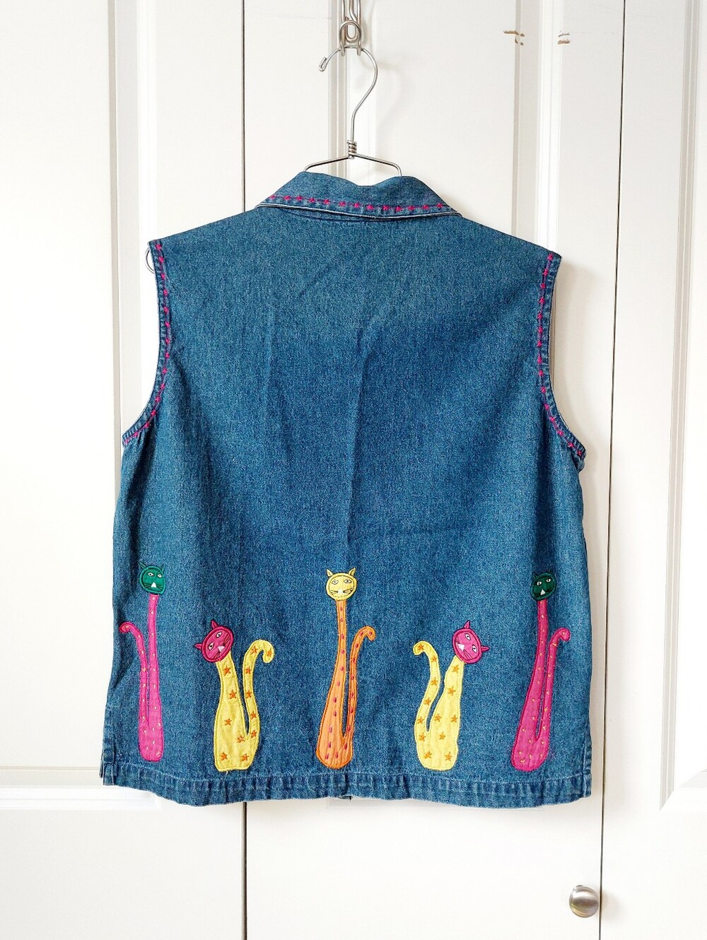 Tall Neon Cat Denim Vest Large Boho Tassel Cottagecore Teacher Granny Kitty 90s - Picture 2 of 6